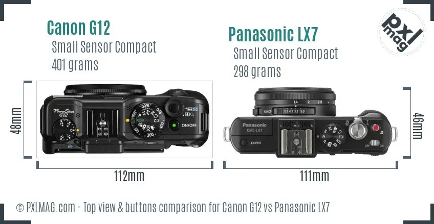 Canon G12 vs Panasonic LX7 top view buttons comparison