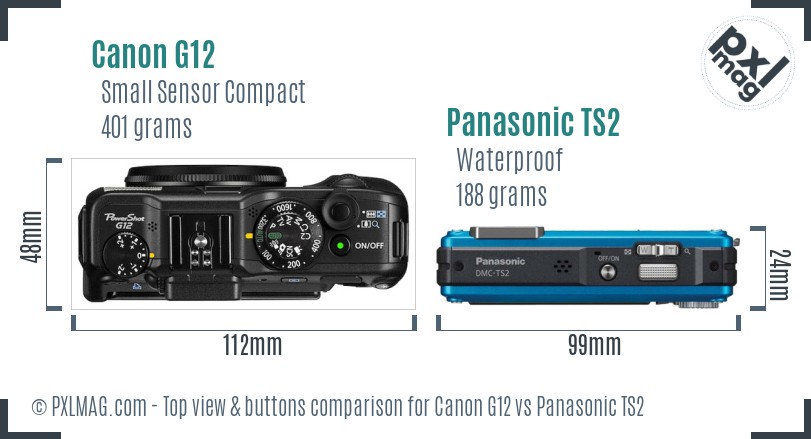 Canon G12 vs Panasonic TS2 top view buttons comparison