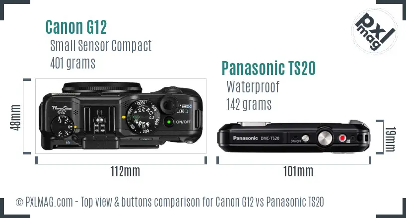 Canon G12 vs Panasonic TS20 top view buttons comparison