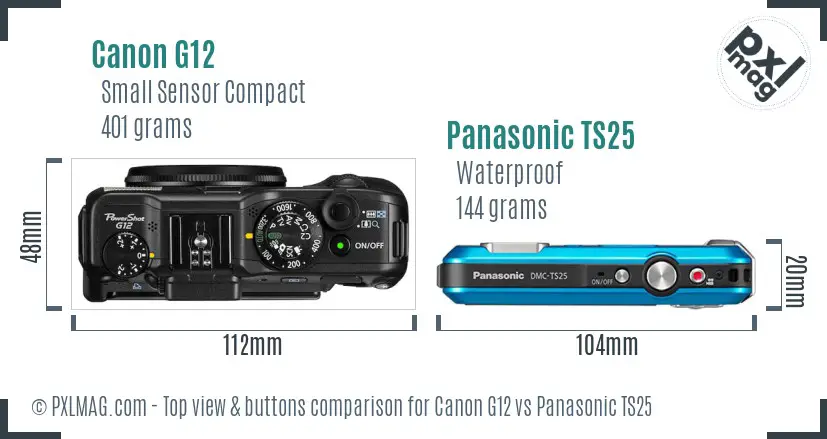 Canon G12 vs Panasonic TS25 top view buttons comparison Canon G12 vs Panasonic TS25 top view buttons comparison
