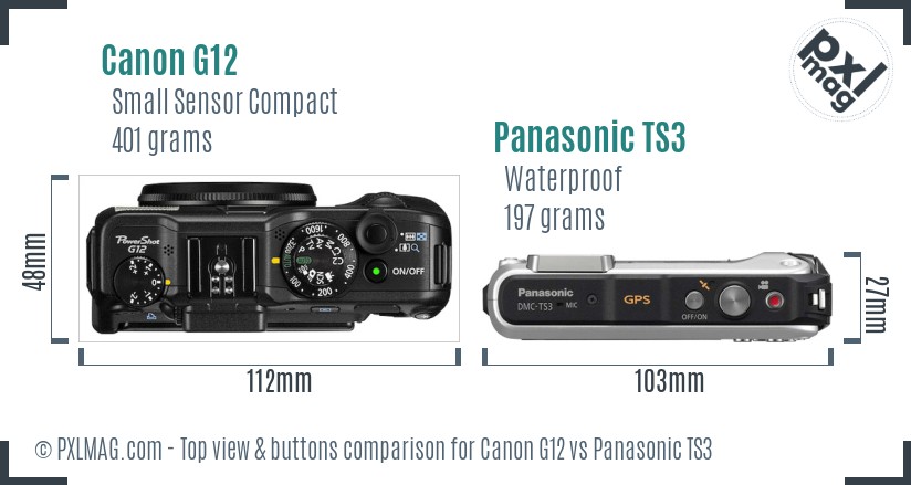 Canon G12 vs Panasonic TS3 top view buttons comparison
