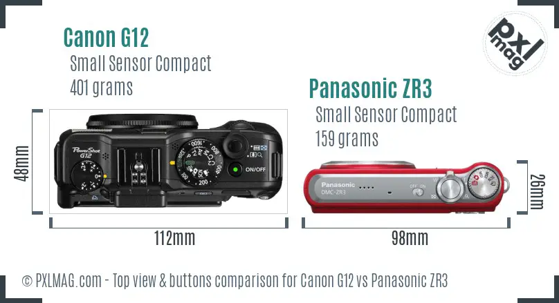 Canon G12 vs Panasonic ZR3 top view buttons comparison