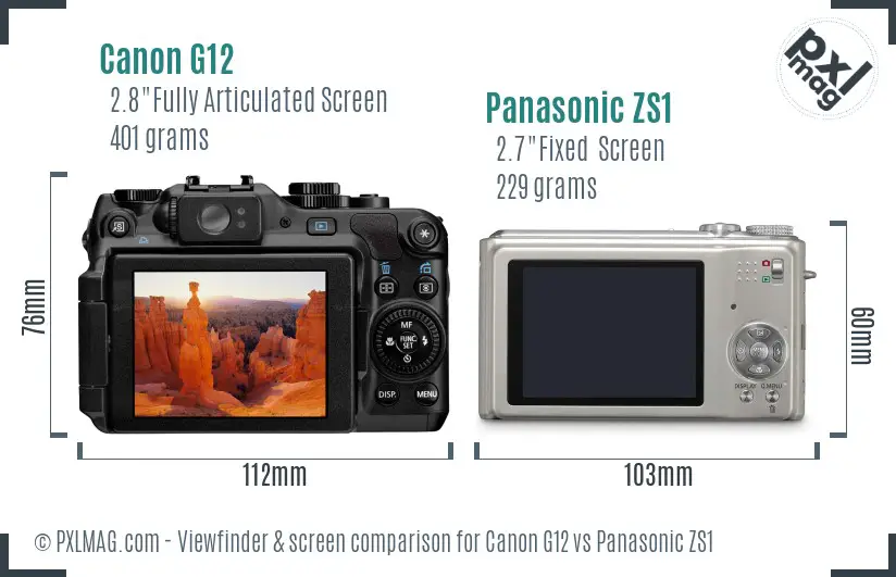 Canon G12 vs Panasonic ZS1 Screen and Viewfinder comparison