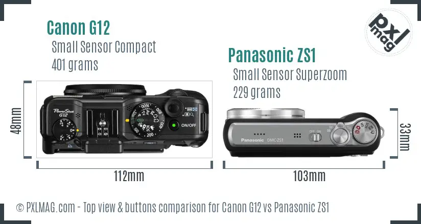 Canon G12 vs Panasonic ZS1 top view buttons comparison