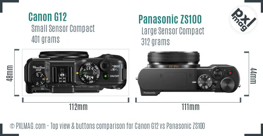 Canon G12 vs Panasonic ZS100 top view buttons comparison
