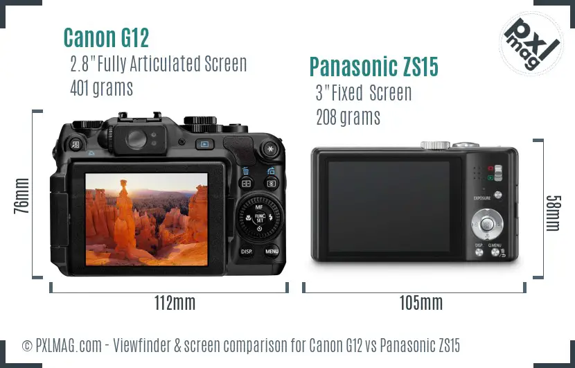 Canon G12 vs Panasonic ZS15 Screen and Viewfinder comparison