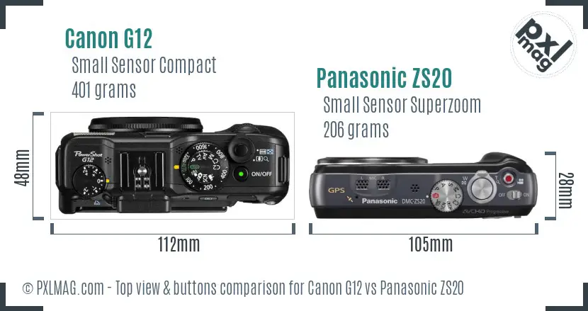 Canon G12 vs Panasonic ZS20 top view buttons comparison Canon G12 vs Panasonic ZS20 top view buttons comparison