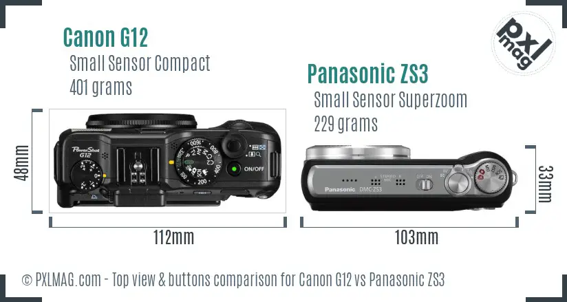 Canon G12 vs Panasonic ZS3 top view buttons comparison