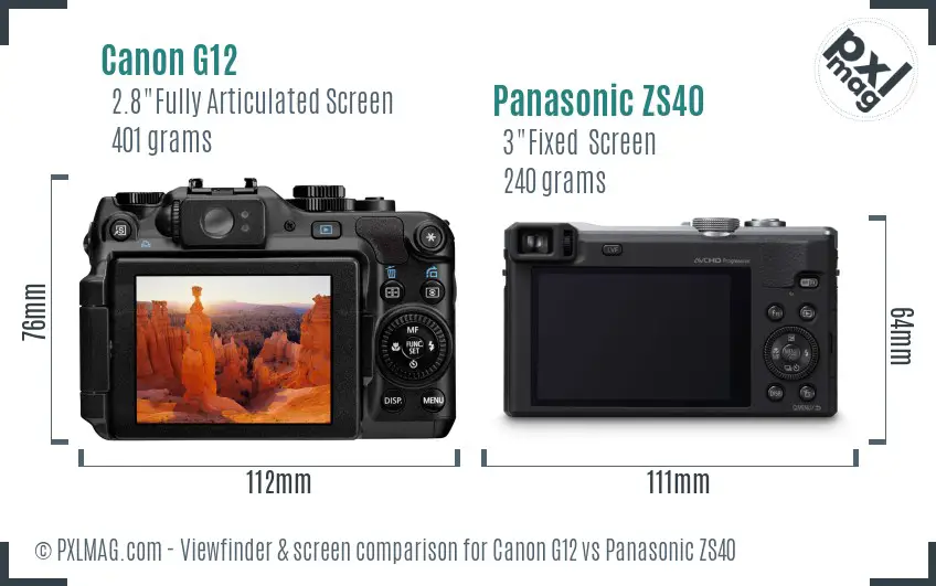 Canon G12 vs Panasonic ZS40 Screen and Viewfinder comparison