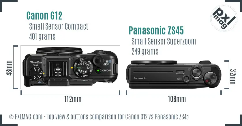 Canon G12 vs Panasonic ZS45 top view buttons comparison Canon G12 vs Panasonic ZS45 top view buttons comparison