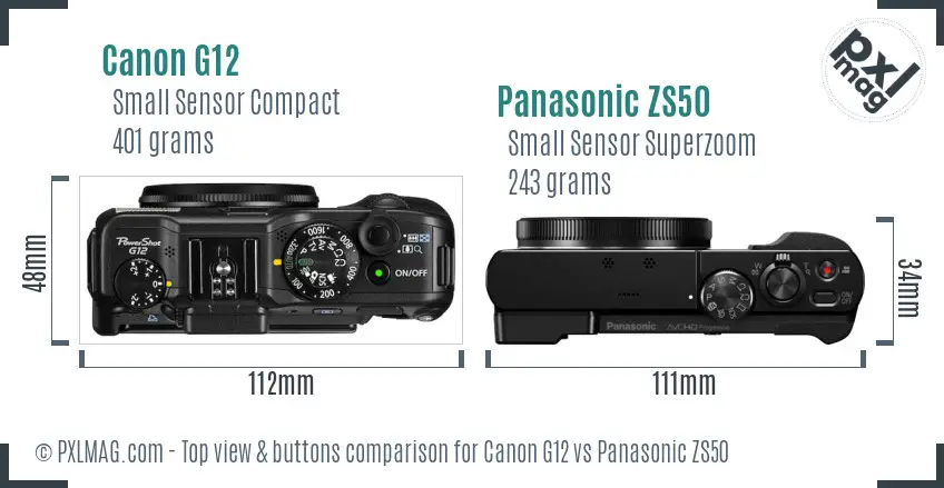Canon G12 vs Panasonic ZS50 top view buttons comparison
