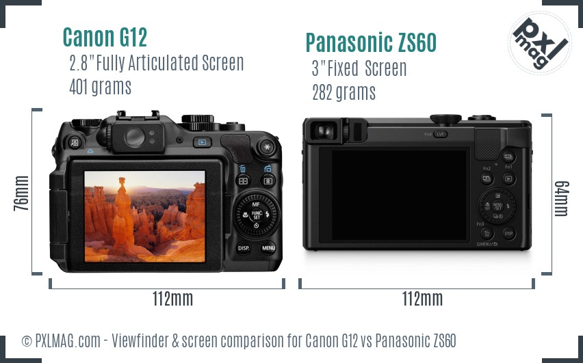 Canon G12 vs Panasonic ZS60 Screen and Viewfinder comparison