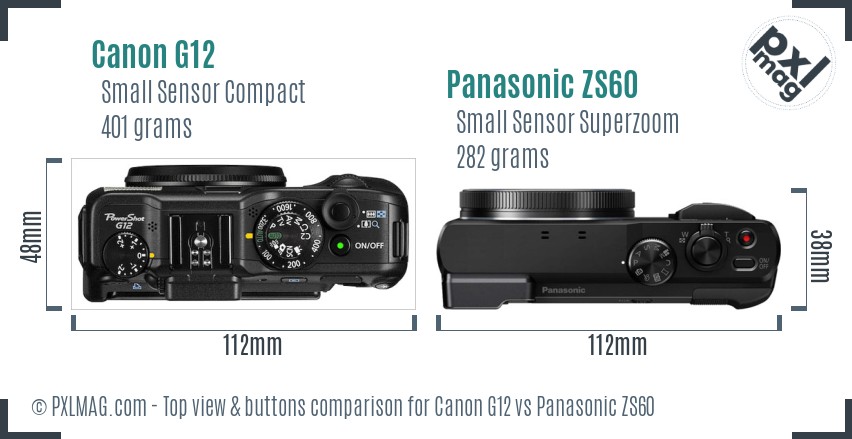 Canon G12 vs Panasonic ZS60 top view buttons comparison