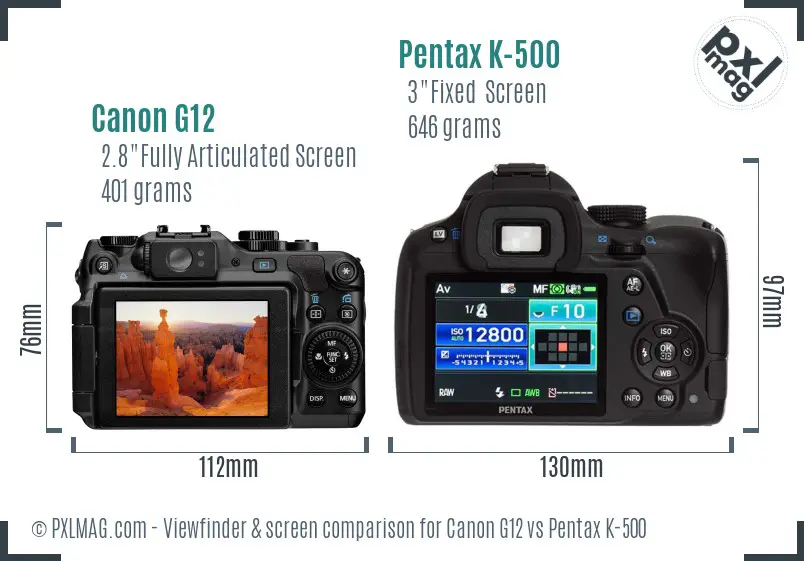 Canon G12 vs Pentax K-500 Screen and Viewfinder comparison