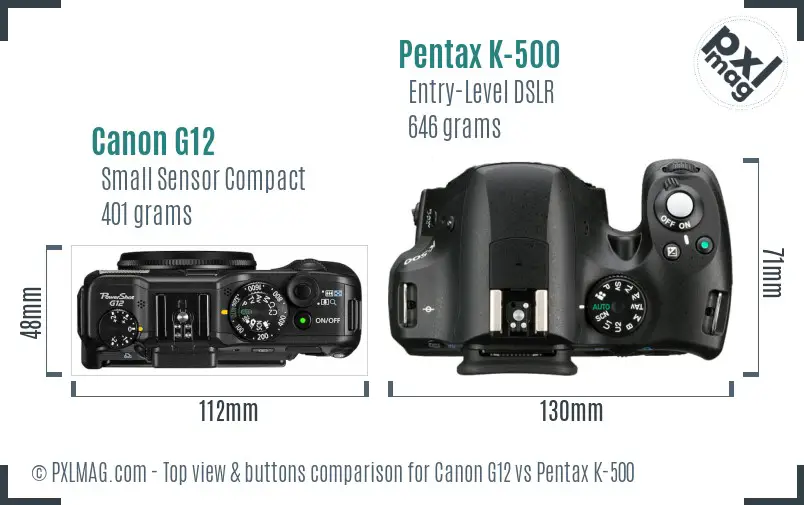 Canon G12 vs Pentax K-500 top view buttons comparison