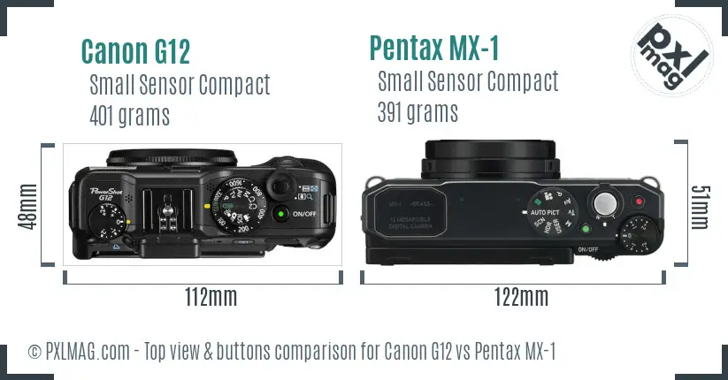 Canon G12 vs Pentax MX-1 top view buttons comparison