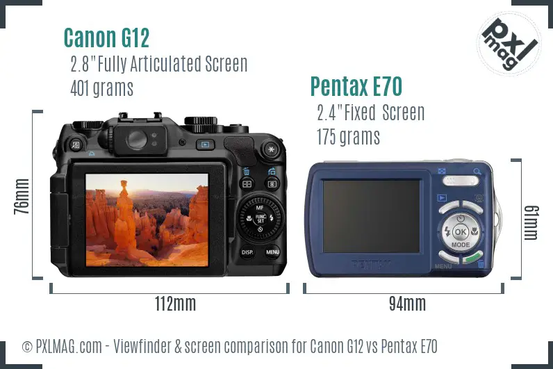 Canon G12 vs Pentax E70 Screen and Viewfinder comparison