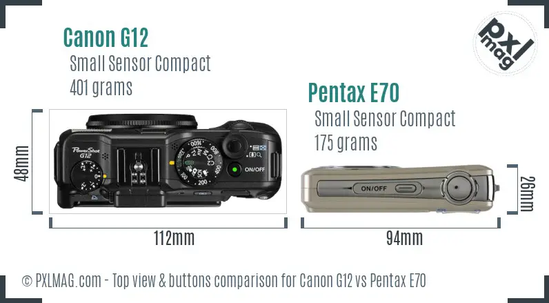 Canon G12 vs Pentax E70 top view buttons comparison