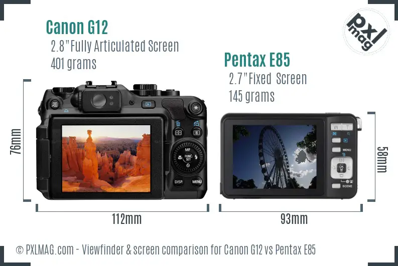 Canon G12 vs Pentax E85 Screen and Viewfinder comparison