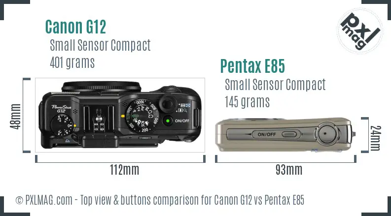 Canon G12 vs Pentax E85 top view buttons comparison