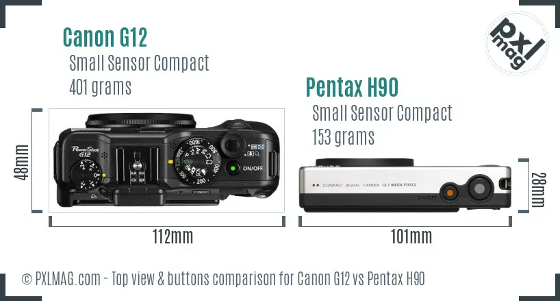 Canon G12 vs Pentax H90 top view buttons comparison