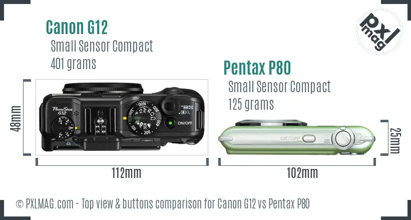 Canon G12 vs Pentax P80 top view buttons comparison