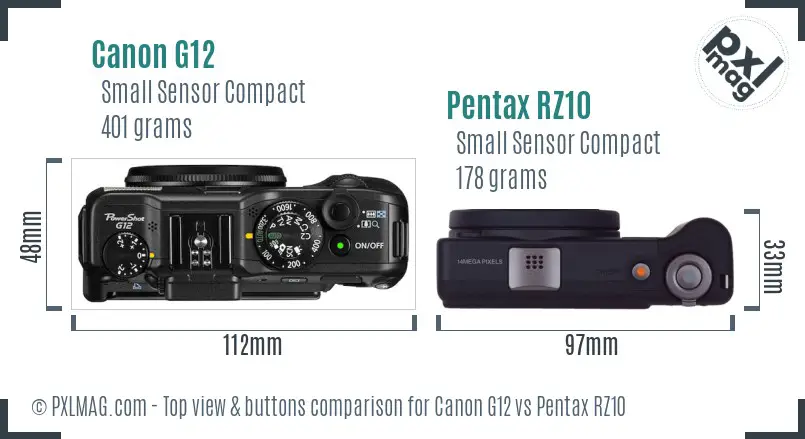 Canon G12 vs Pentax RZ10 top view buttons comparison