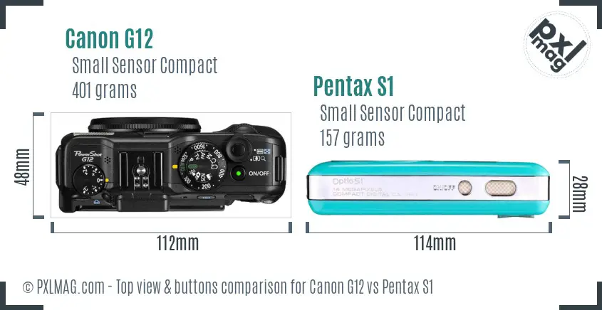 Canon G12 vs Pentax S1 top view buttons comparison