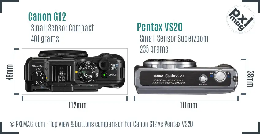 Canon G12 vs Pentax VS20 top view buttons comparison