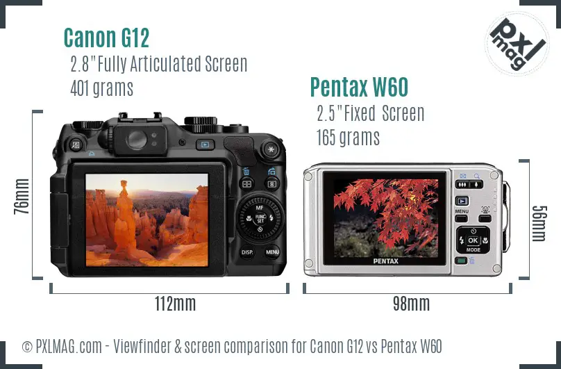 Canon G12 vs Pentax W60 Screen and Viewfinder comparison
