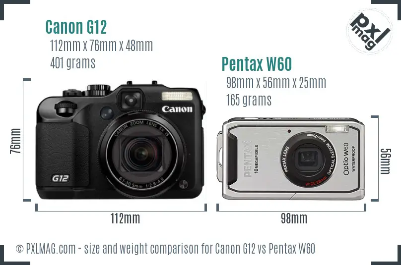 Canon G12 vs Pentax W60 size comparison