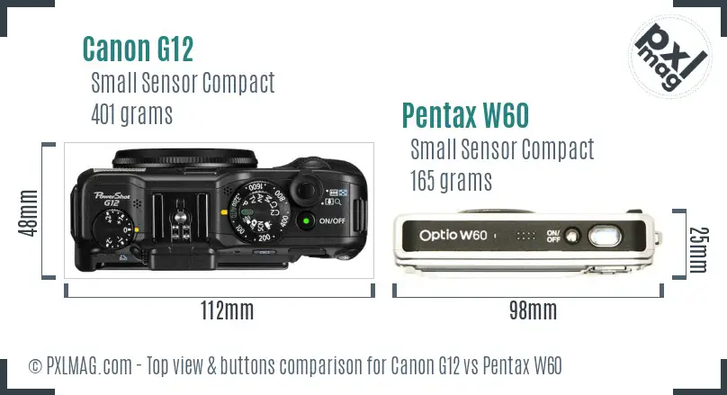 Canon G12 vs Pentax W60 top view buttons comparison
