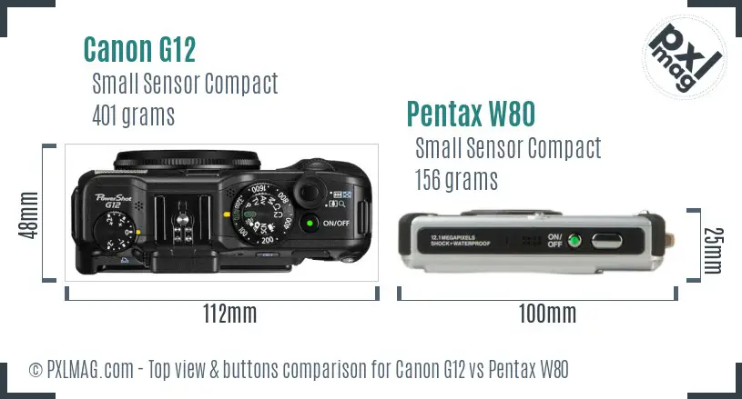Canon G12 vs Pentax W80 top view buttons comparison