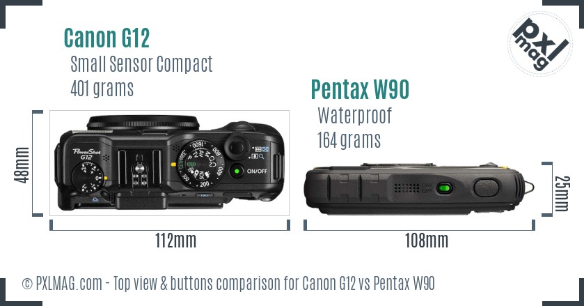 Canon G12 vs Pentax W90 top view buttons comparison