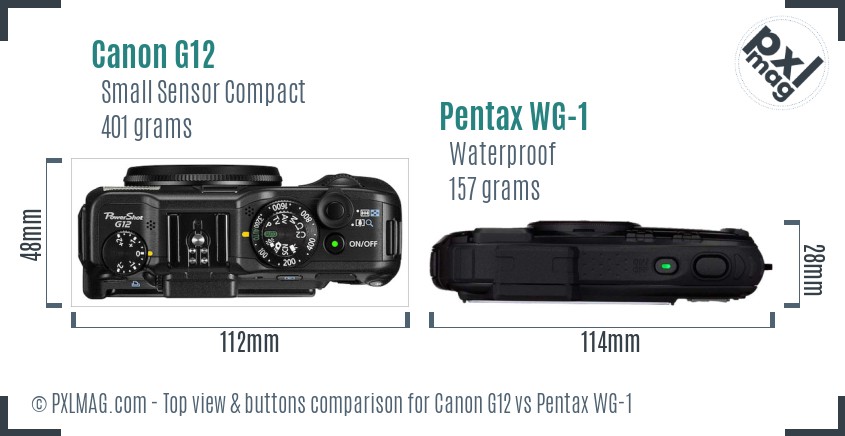 Canon G12 vs Pentax WG-1 top view buttons comparison