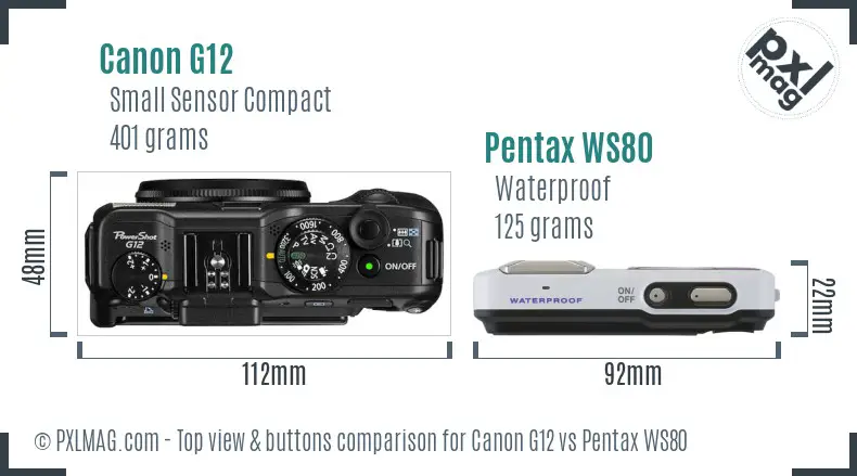 Canon G12 vs Pentax WS80 top view buttons comparison Canon G12 vs Pentax WS80 top view buttons comparison