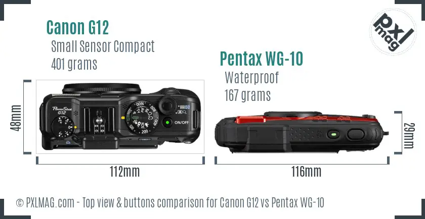 Canon G12 vs Pentax WG-10 top view buttons comparison