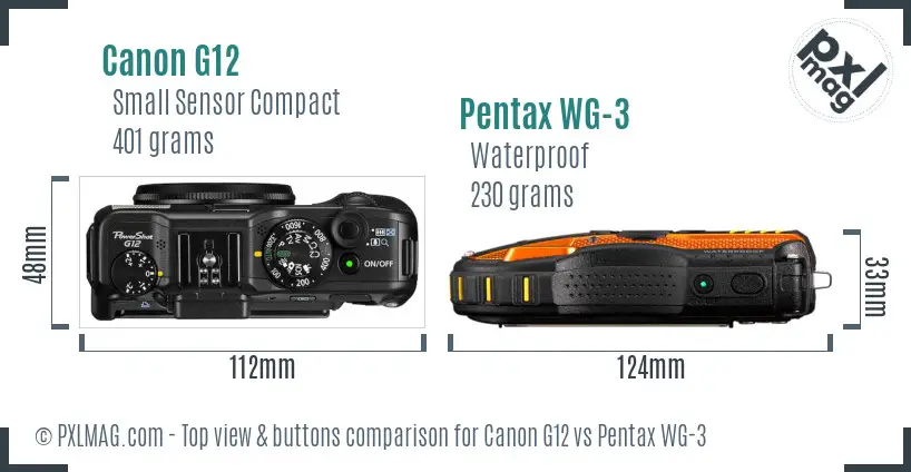 Canon G12 vs Pentax WG-3 top view buttons comparison