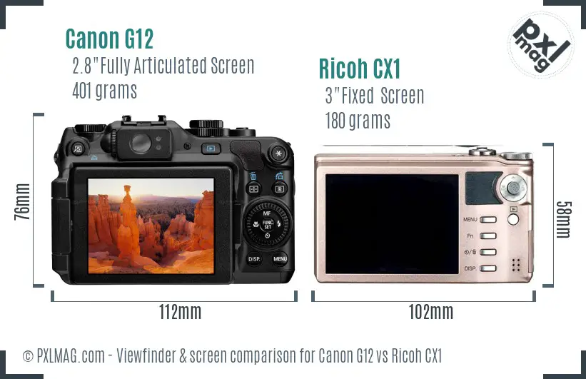 Canon G12 vs Ricoh CX1 Screen and Viewfinder comparison