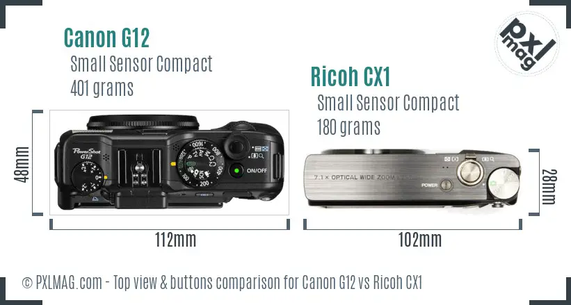 Canon G12 vs Ricoh CX1 top view buttons comparison