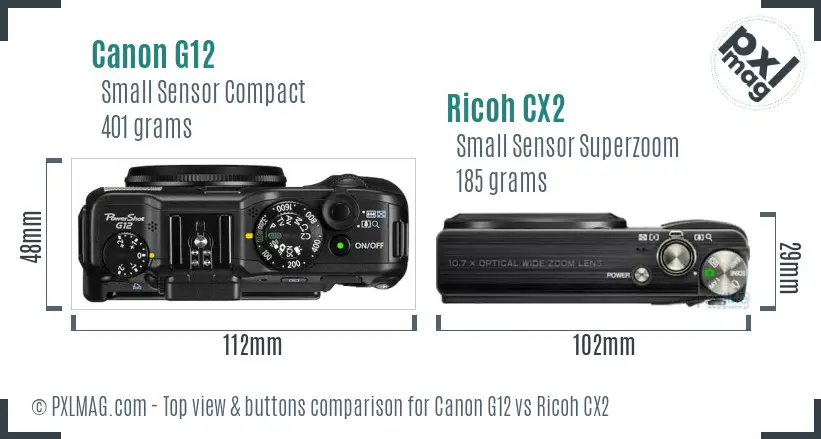 Canon G12 vs Ricoh CX2 top view buttons comparison