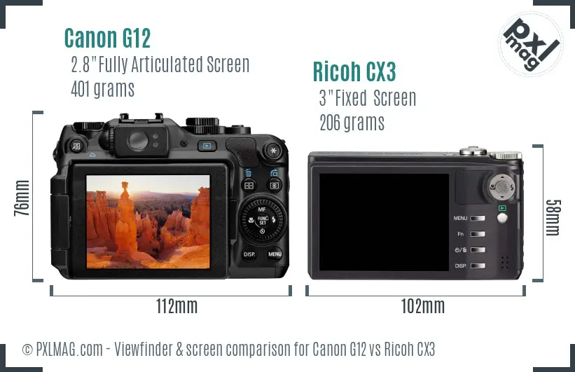 Canon G12 vs Ricoh CX3 Screen and Viewfinder comparison