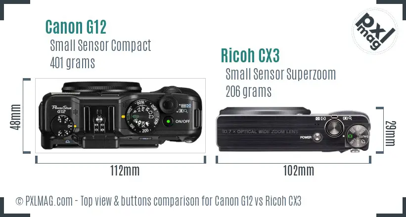 Canon G12 vs Ricoh CX3 top view buttons comparison