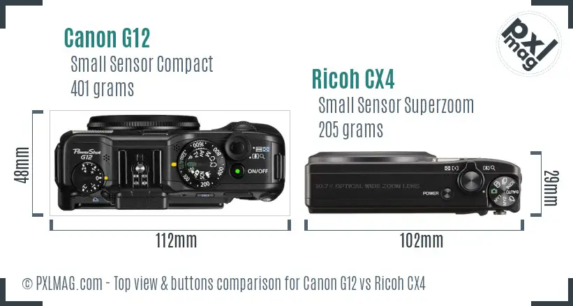 Canon G12 vs Ricoh CX4 top view buttons comparison
