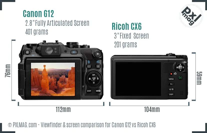 Canon G12 vs Ricoh CX6 Screen and Viewfinder comparison