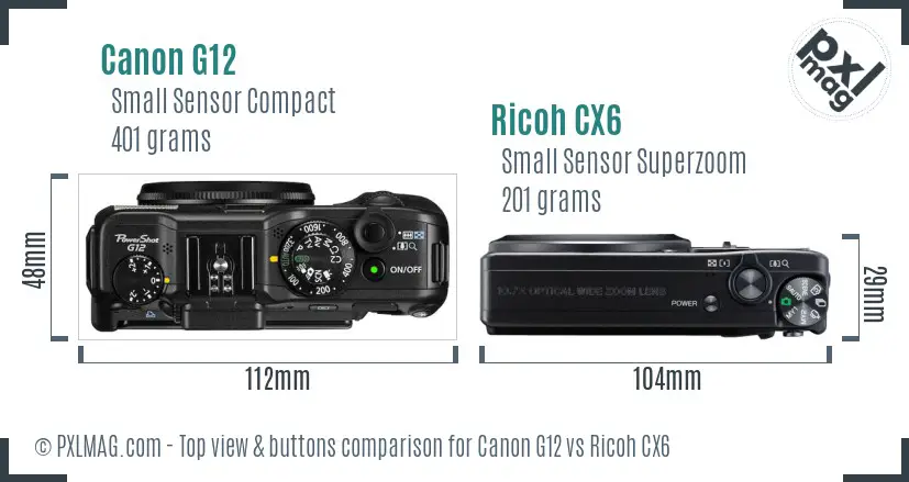 Canon G12 vs Ricoh CX6 top view buttons comparison