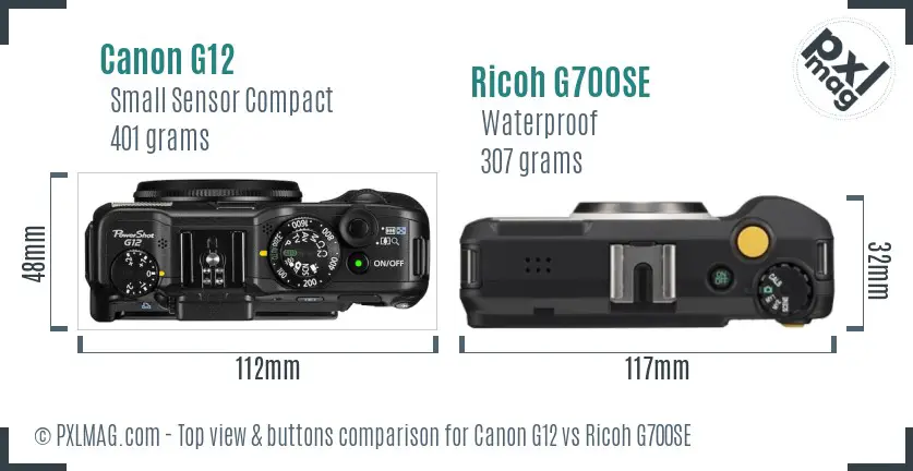 Canon G12 vs Ricoh G700SE top view buttons comparison