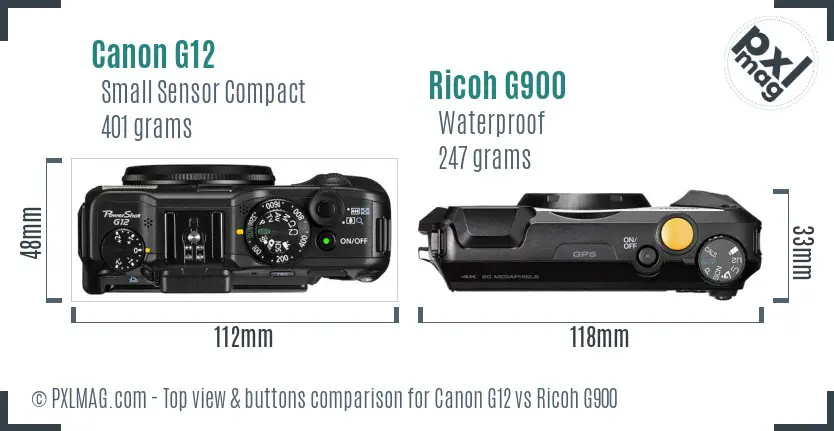 Canon G12 vs Ricoh G900 top view buttons comparison