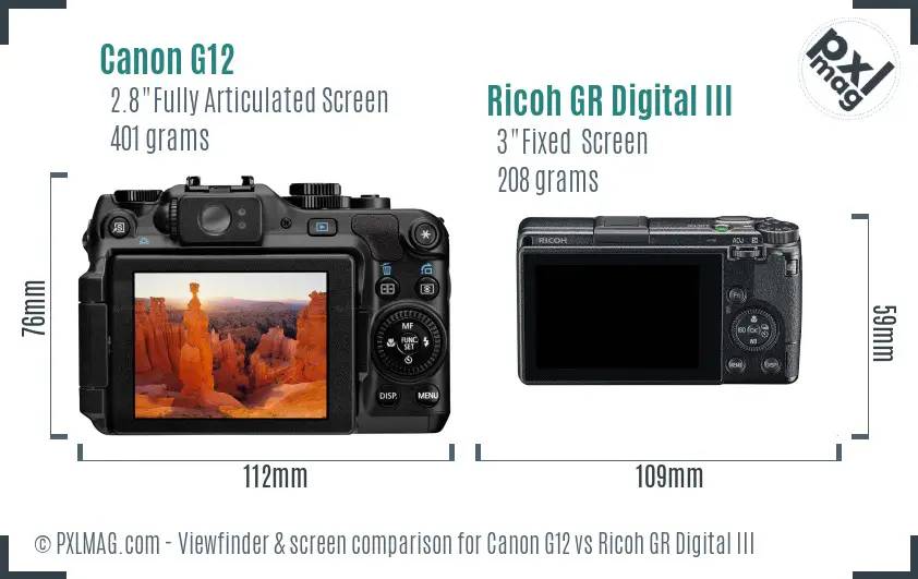 Canon G12 vs Ricoh GR Digital III Screen and Viewfinder comparison