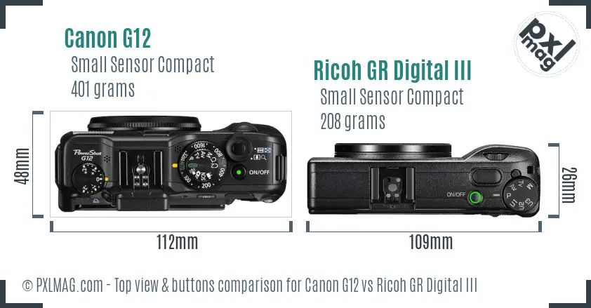 Canon G12 vs Ricoh GR Digital III top view buttons comparison